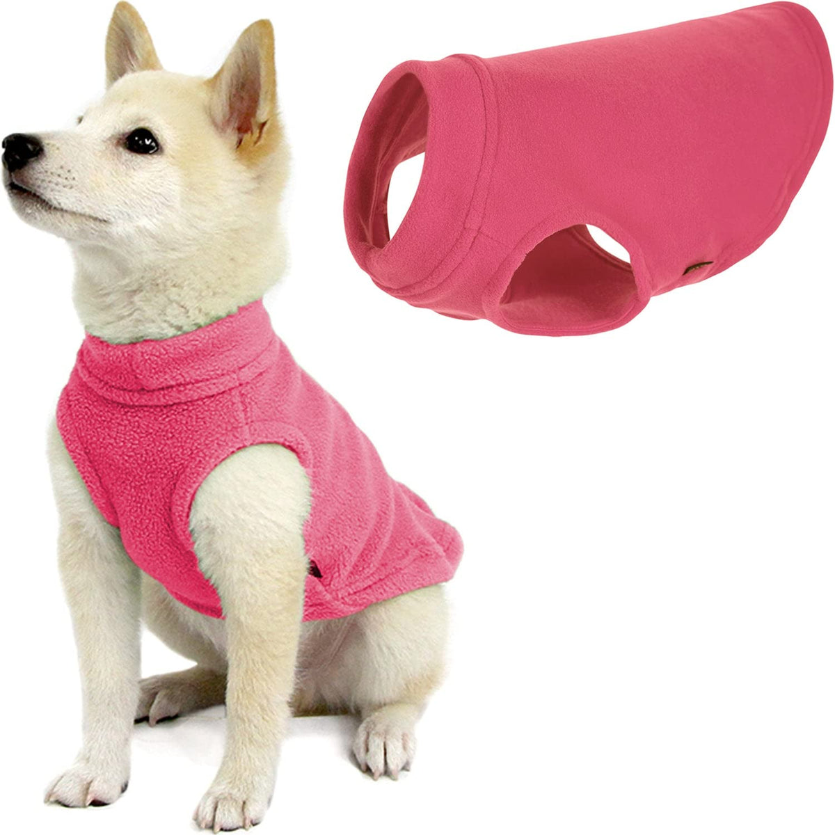Gooby Stretch Fleece Vest pink dog sweater on dog provides snug warmth during chilly walks.