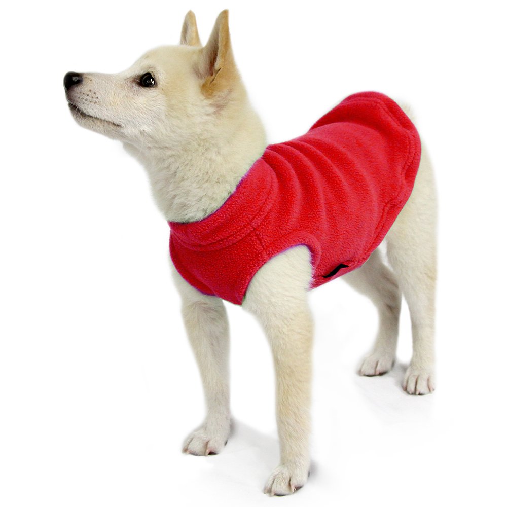 Gooby Stretch Fleece Vest red worn on dog emphasizes easy on/off