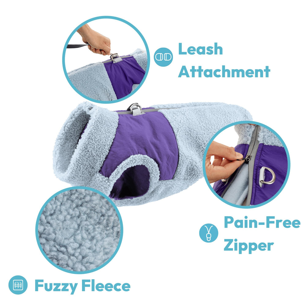 Gooby Zip Up Sherpa Vest purple medium close-up shows reinforced harness