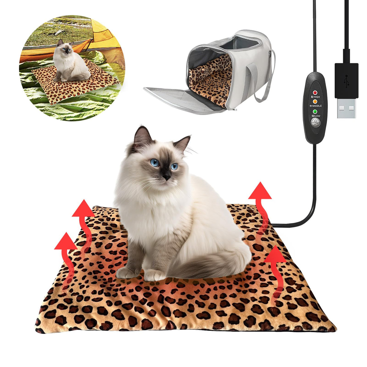 GooCare USB heating warmer pad bed leopard front view ideal for cozy, portable pet warmth