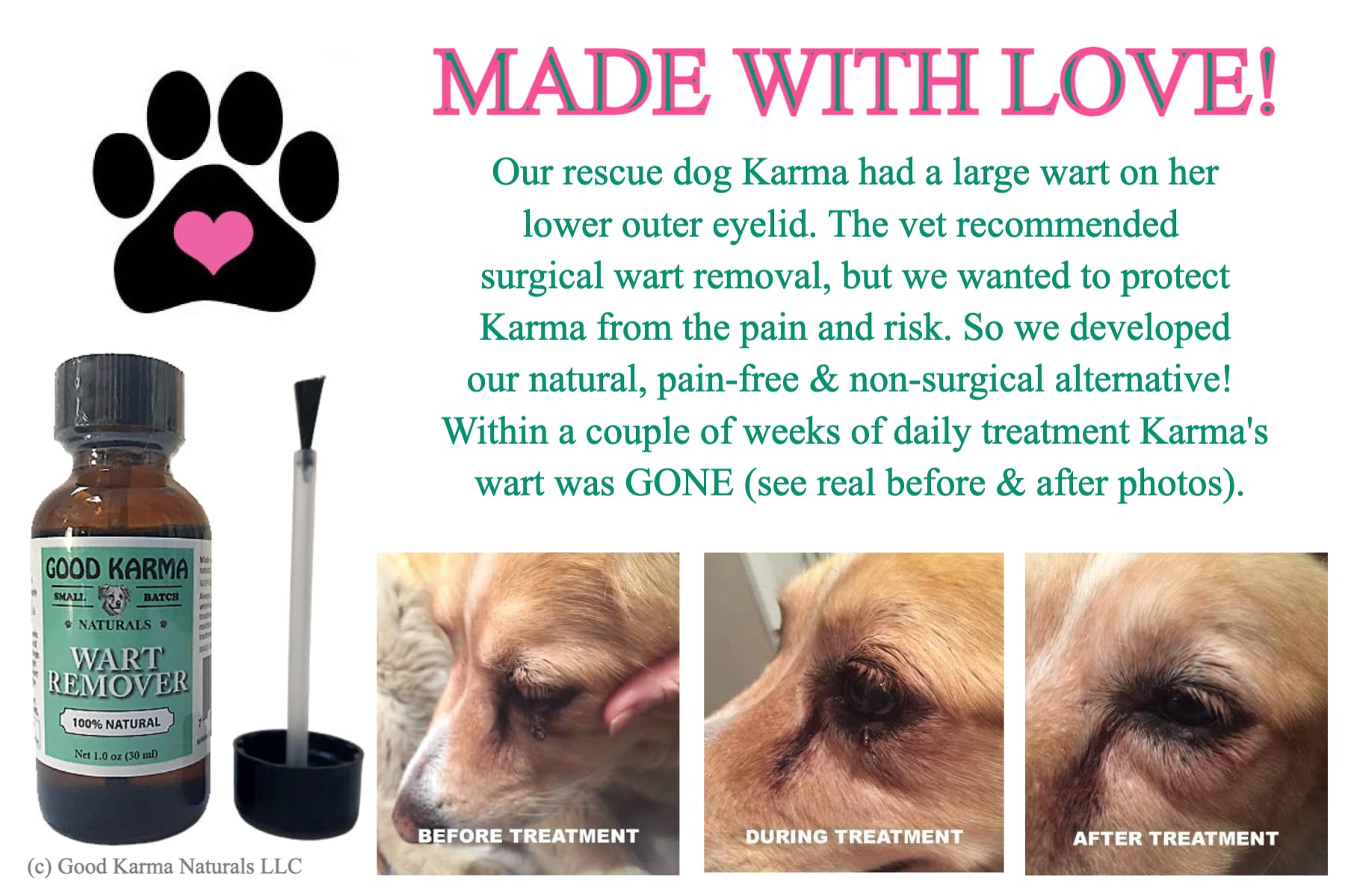 GOOD KARMA NATURALS applying wart remover to dog's skin tag for gentle relief.