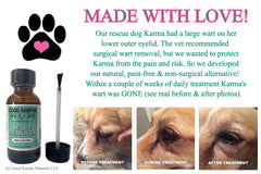 GOOD KARMA NATURALS applying wart remover to dog's skin tag for gentle relief.