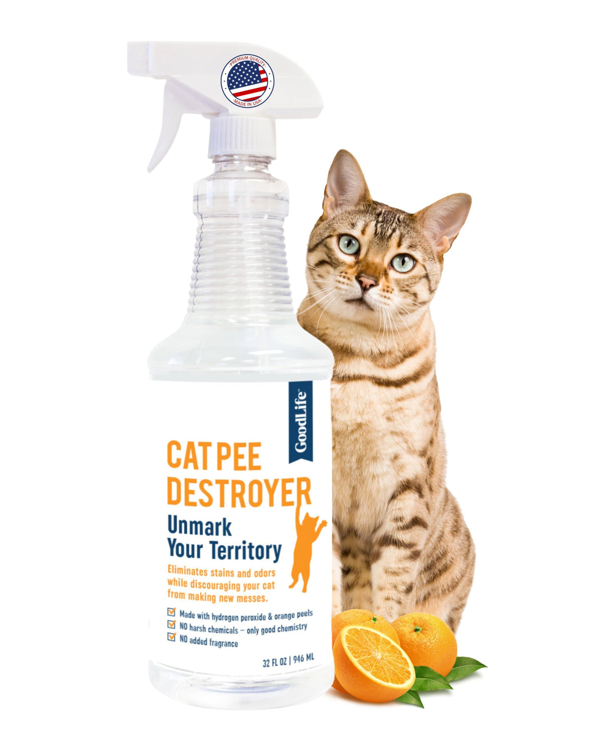 Good Life Solutions Cat Pee Destroyer bottle shows 32 oz size for quick home cleanup
