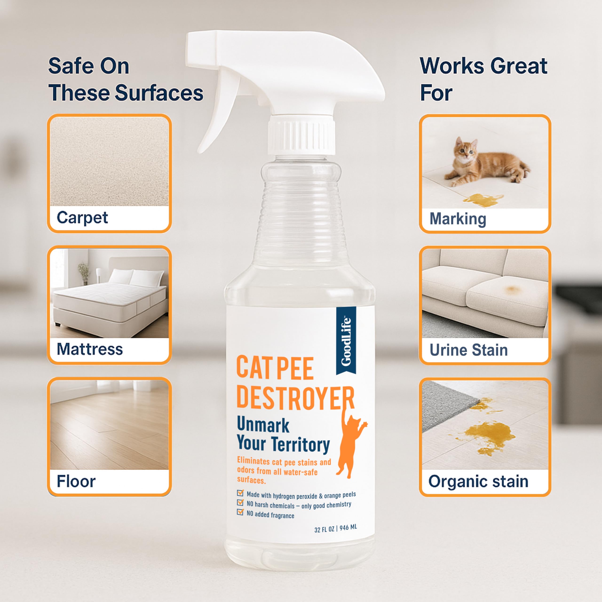 Good Life Solutions Cat Pee Destroyer label closeup highlights eco-friendly formula and brand trust