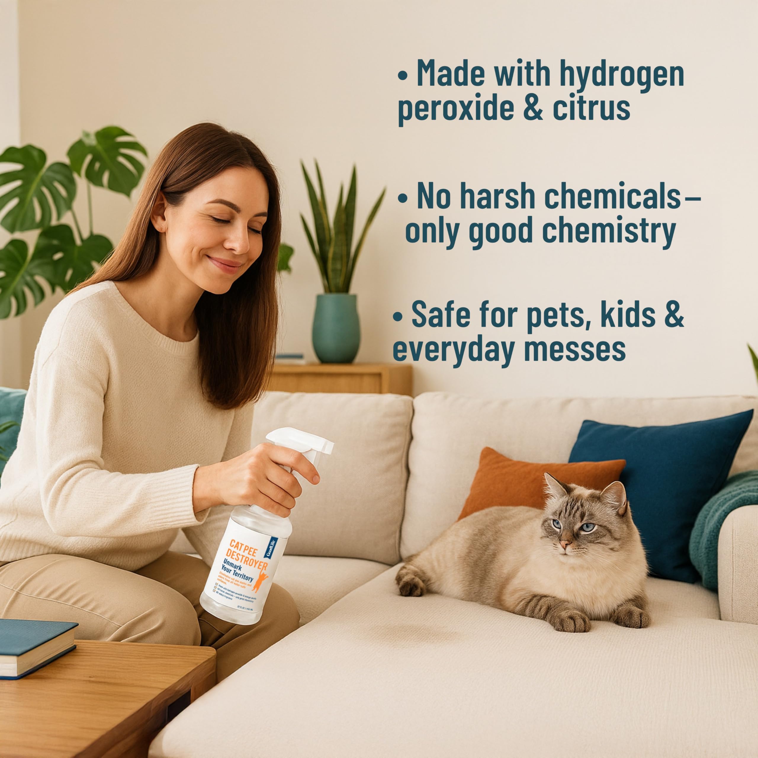 Good Life Solutions Cat Pee Destroyer pour-action demonstrates easy-to-use stain and odor removal