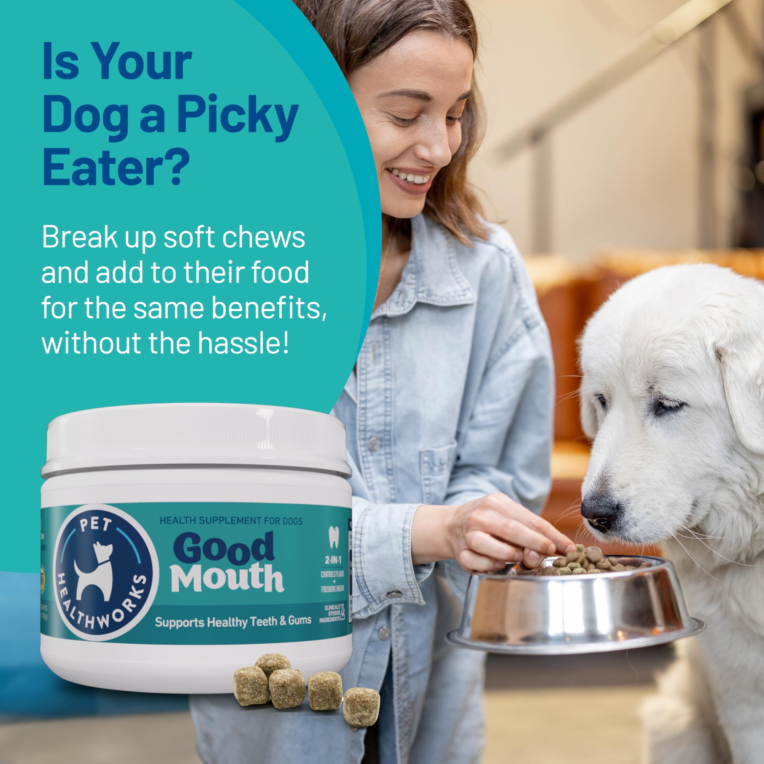 Good Mouth Chews dental scene emphasizes fresher breath and cleaner teeth after use.