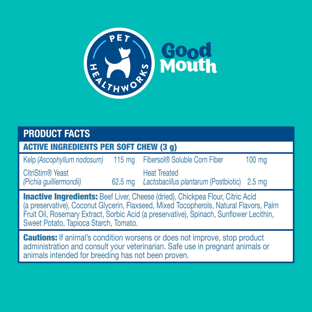Good Mouth Chews probiotic and kelp ingredients visual suggests potential oral health support.