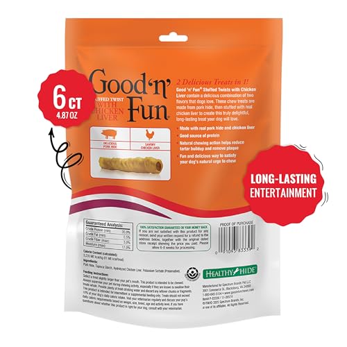 Good 'n' Fun Rawhide Twists—chicken liver center image for engaging, flavorful chew sessions.