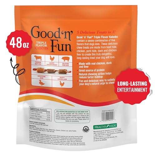 Good 'n' Fun Kabobs beef hide core highlights a durable, protein-rich chew for dogs.