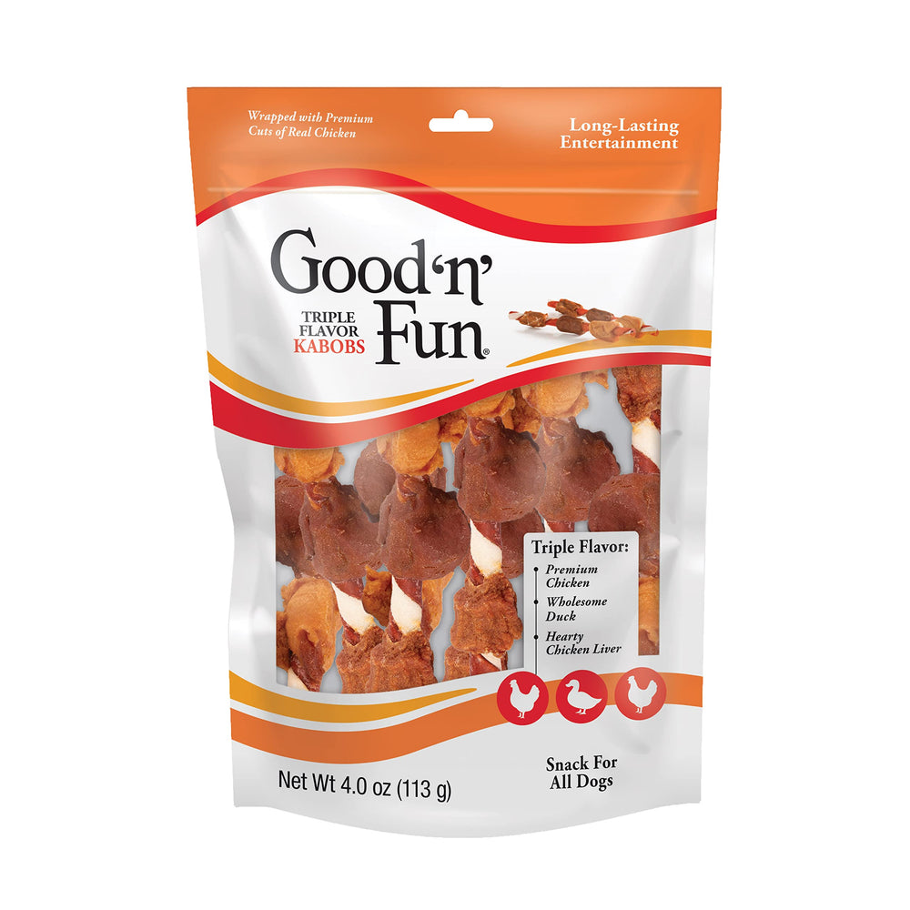 Good 'n' Fun triple-flavor kabobs pack shot shows a long-lasting dog chew.