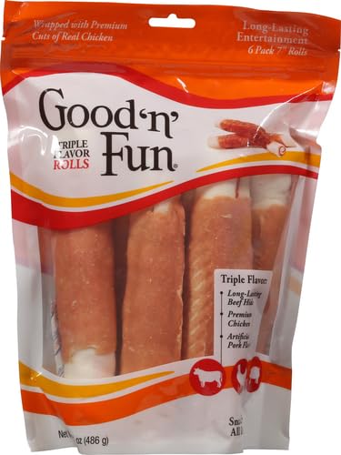 Good 'n' Fun Triple Flavor Rolls artificial pork flavor detail for tasty dog chew.