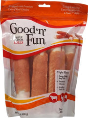 Good 'n' Fun Triple Flavor Rolls artificial pork flavor detail for tasty dog chew.