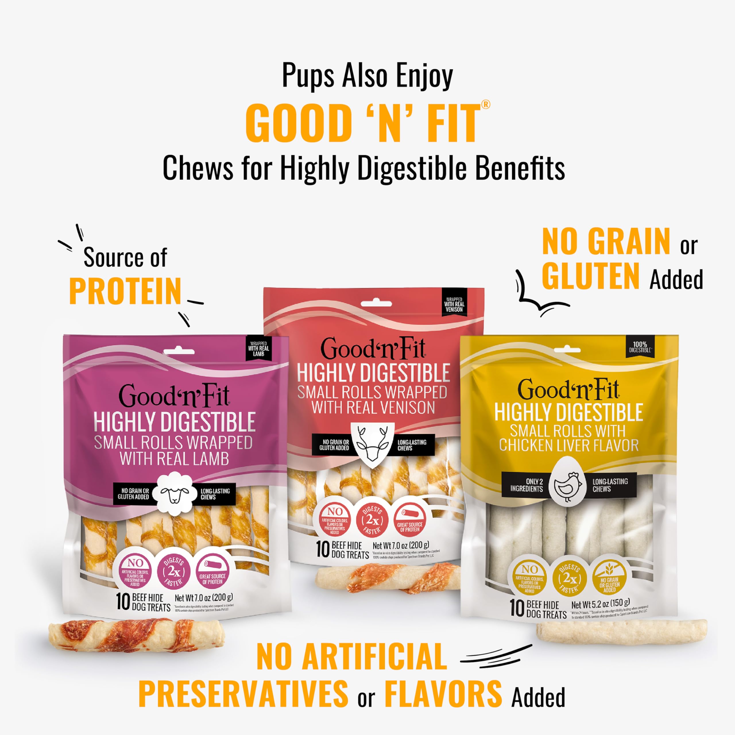 Good 'n' Fun Triple Flavor Rolls flavor-packed chew for dogs.