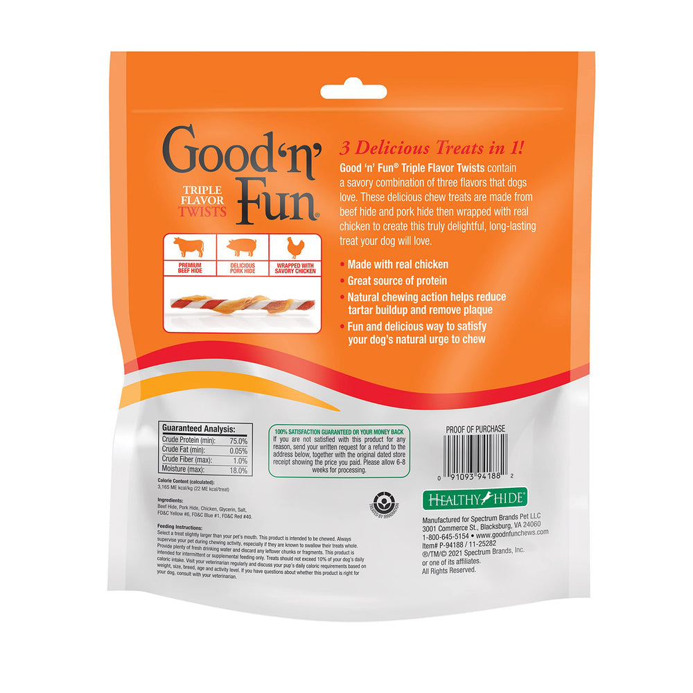 Good ‘n’ Fun Triple Flavor Twists chicken-wrapped piece emphasizes real chicken reward.