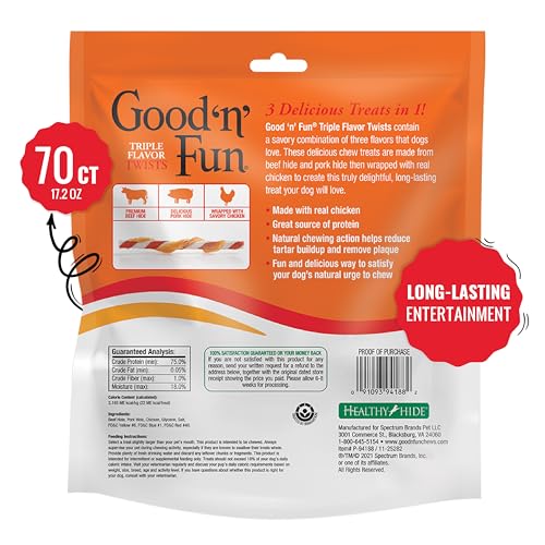 Good ‘n’ Fun Triple Flavor Twists pork-hide image shows a durable chew for dogs.