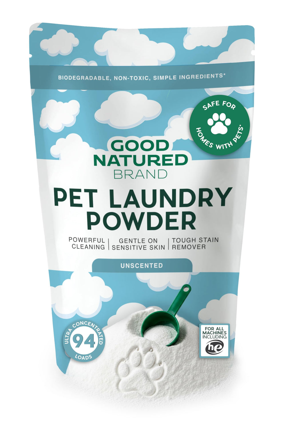 Good Natured Brand pet laundry detergent unscented 47oz cleans stains gently and safely.