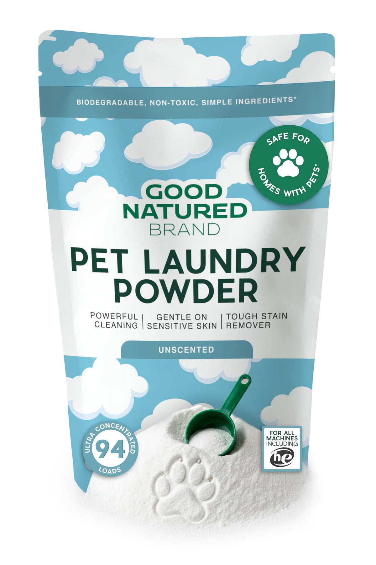 Good Natured Brand pet laundry detergent unscented 47oz cleans stains gently and safely.