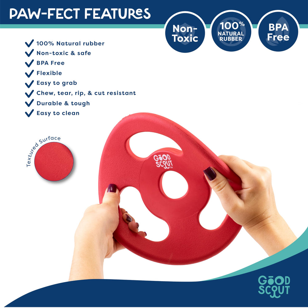 Good Scout Scout Tugg Frisbee bold color aids visibility during outdoor fetch.