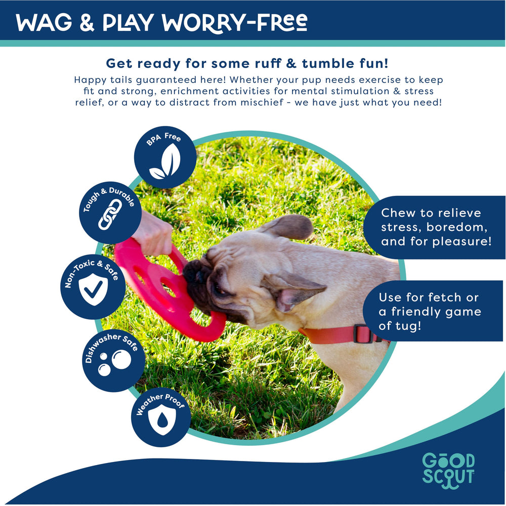 Good Scout Scout Tugg Frisbee fits medium and large dogs' chewing and tugging routines.