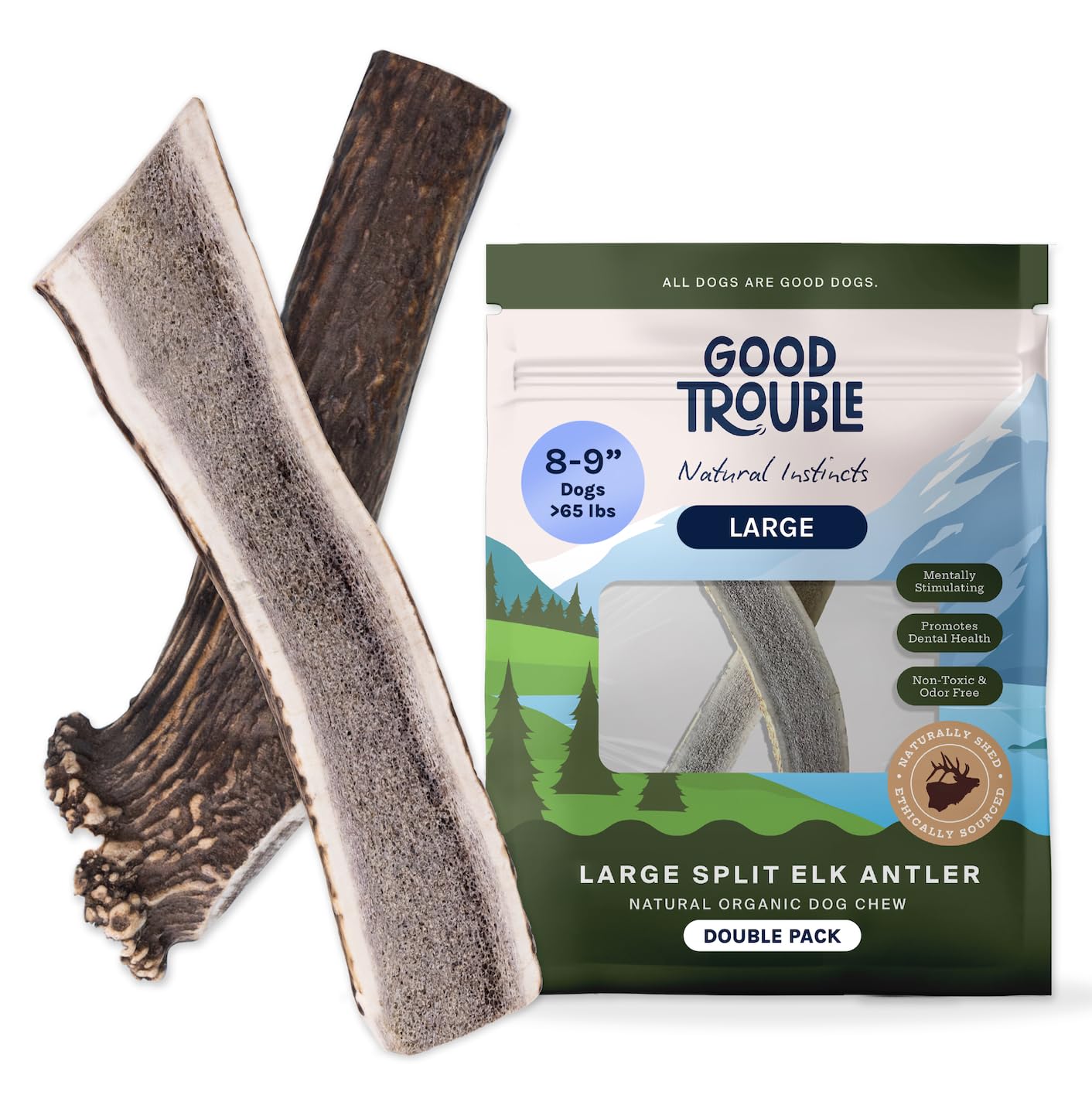 Good Trouble elk antelers for large dogs split pack offer a long-lasting chew.