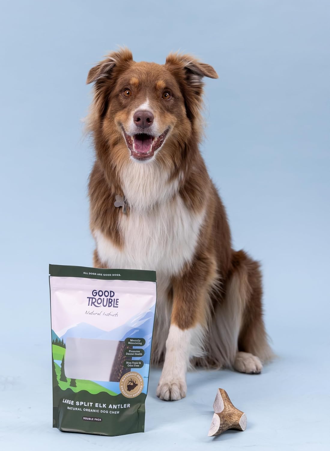 Good Trouble elk antlers sustainable packaging for eco-conscious pet owners.