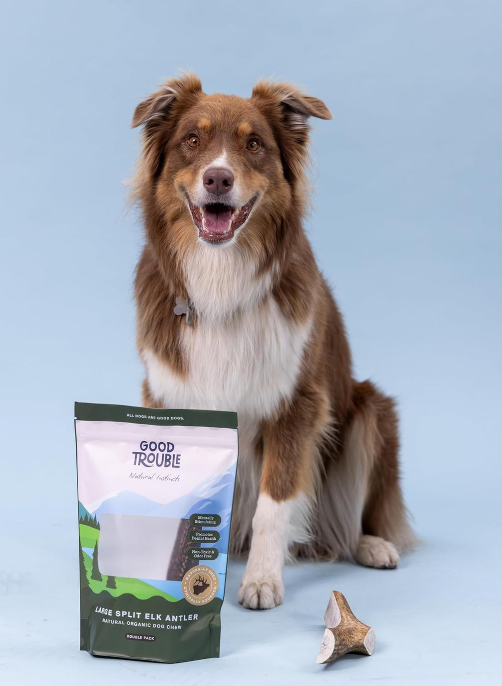 Good Trouble elk antlers sustainable packaging for eco-conscious pet owners.