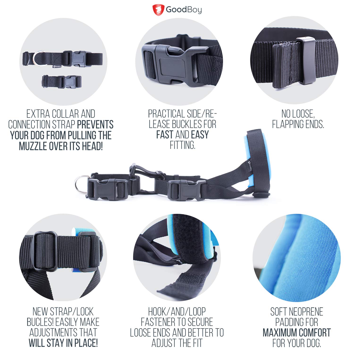 GoodBoy muzzle offers breathable design for comfortable, extended wear during training.
