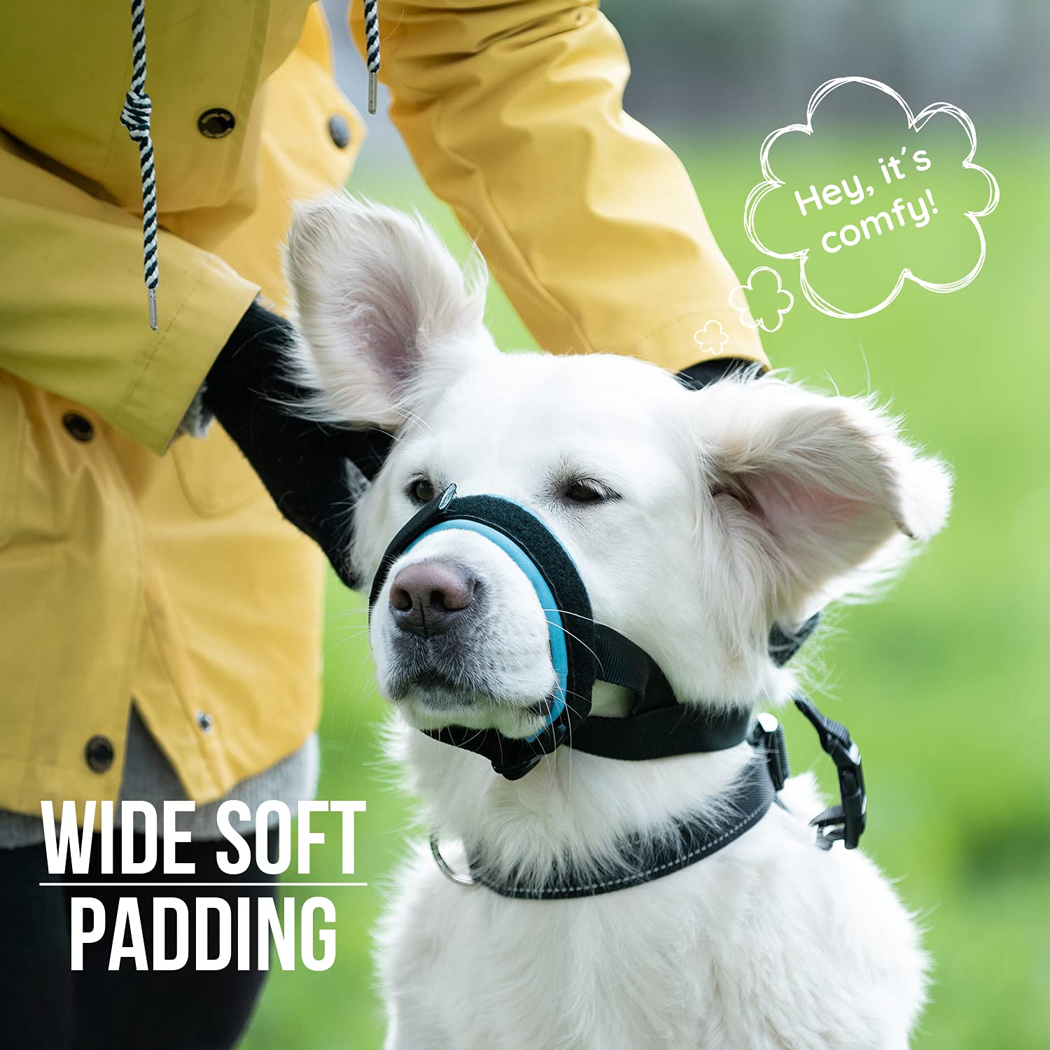 GoodBoy muzzle with secure connection strap for extra security during acclimation.