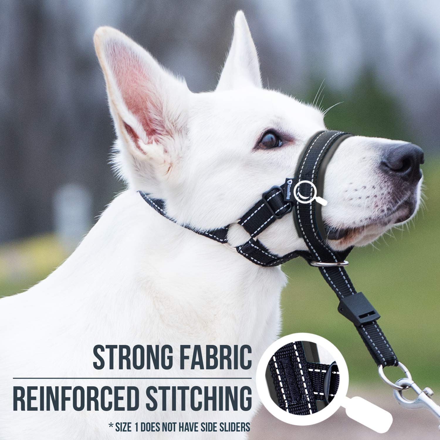 GoodBoy head halter adjustable-fit close-up highlights secure neck and snout sizing