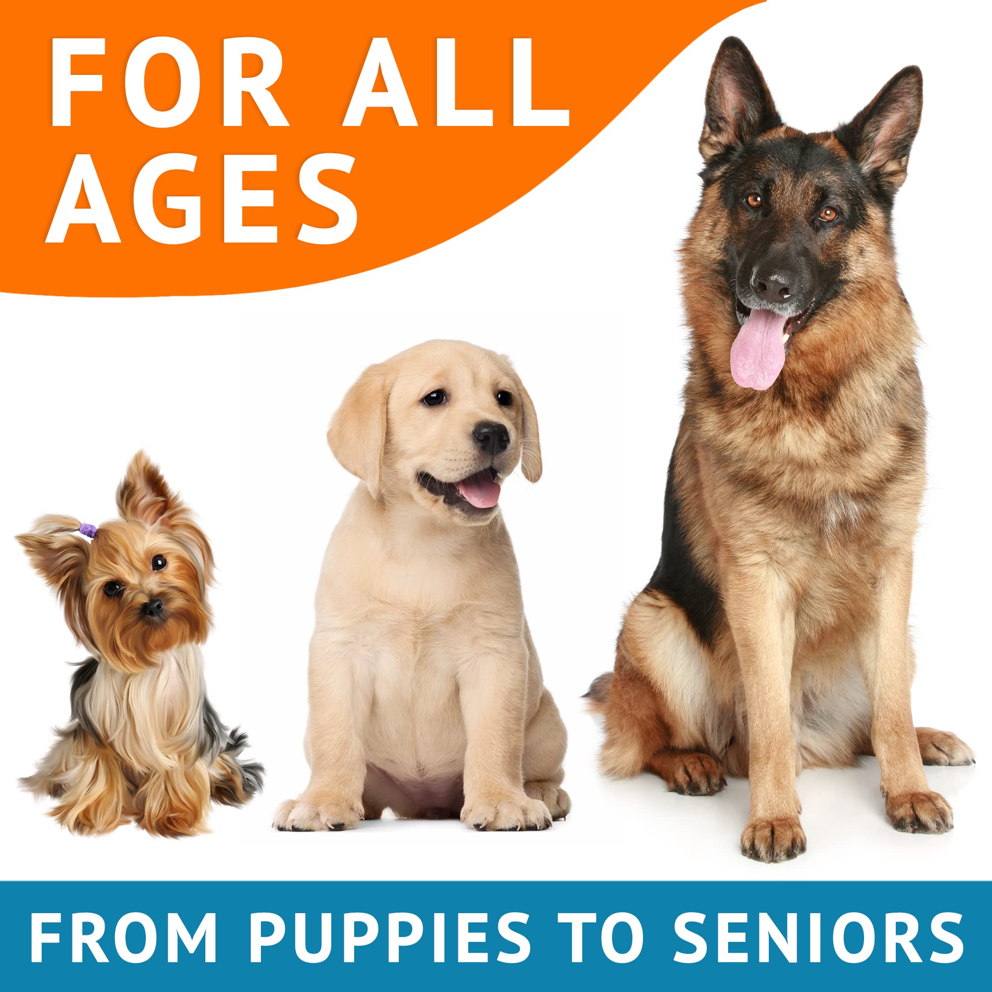 GOODGROWLIES 180-count jar shows long-term omega benefits for dogs.