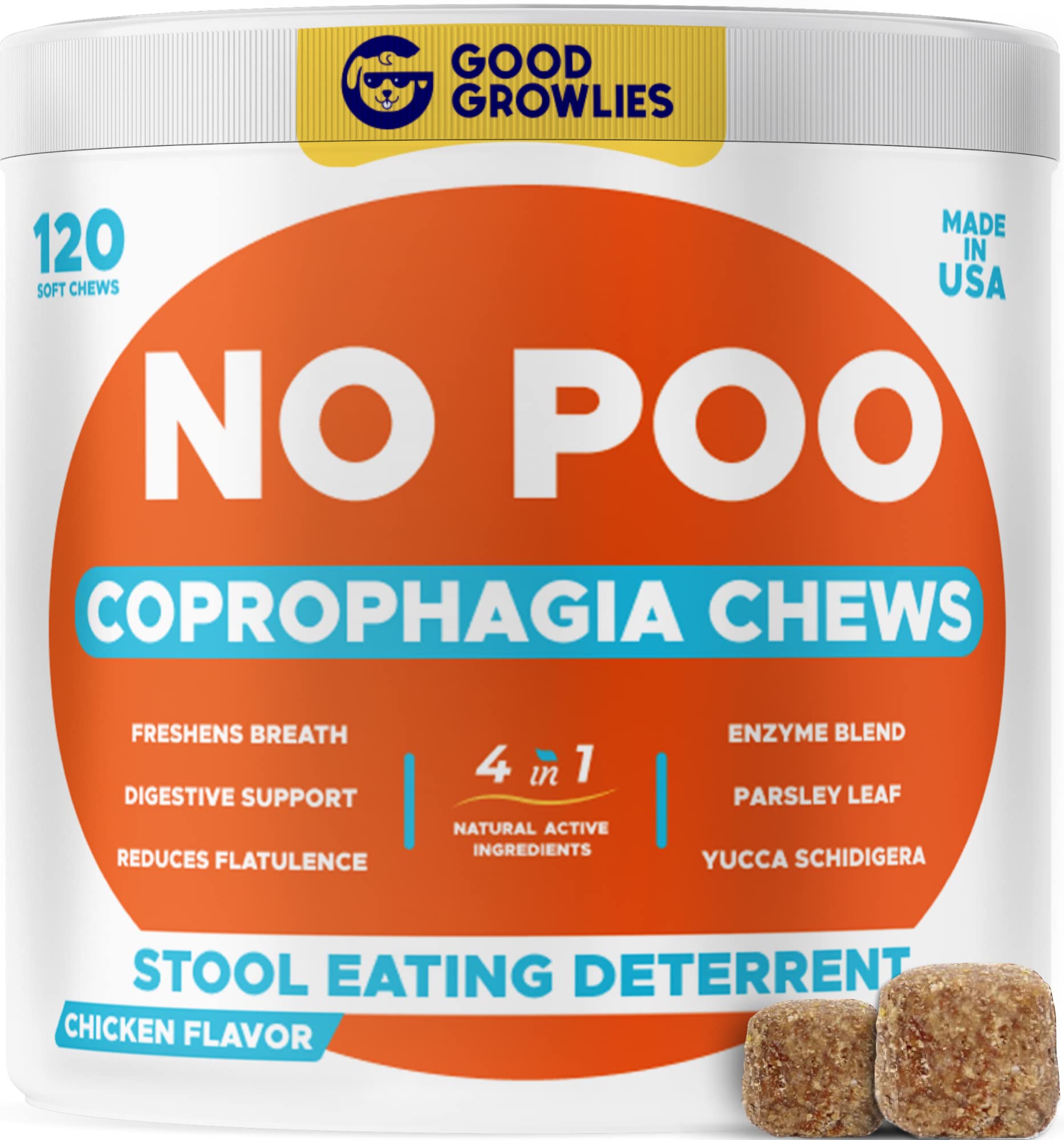 GOODGROWLIES Chew No Poo jar front, a USA-made stool-eating deterrent for dogs.