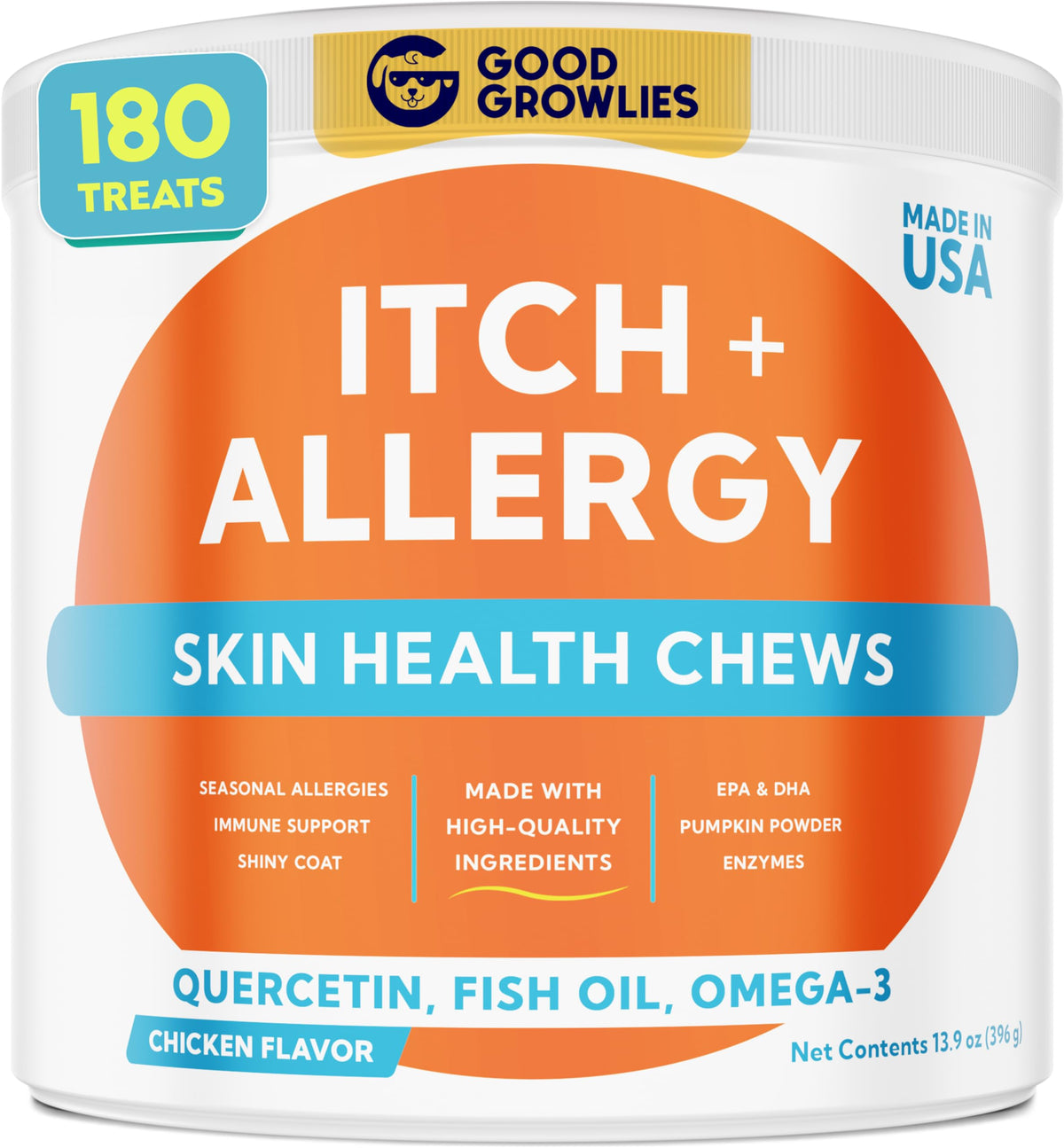 GoodGrowlies Dog Allergy Relief Chews packaging highlights natural ingredients for itchy-skin comfort.