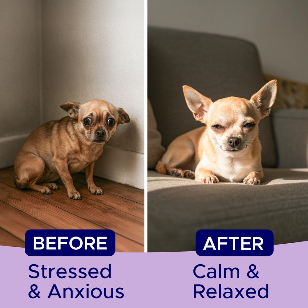 GOODGROWLIES dog relaxed after chew shows everyday calm and comfort.