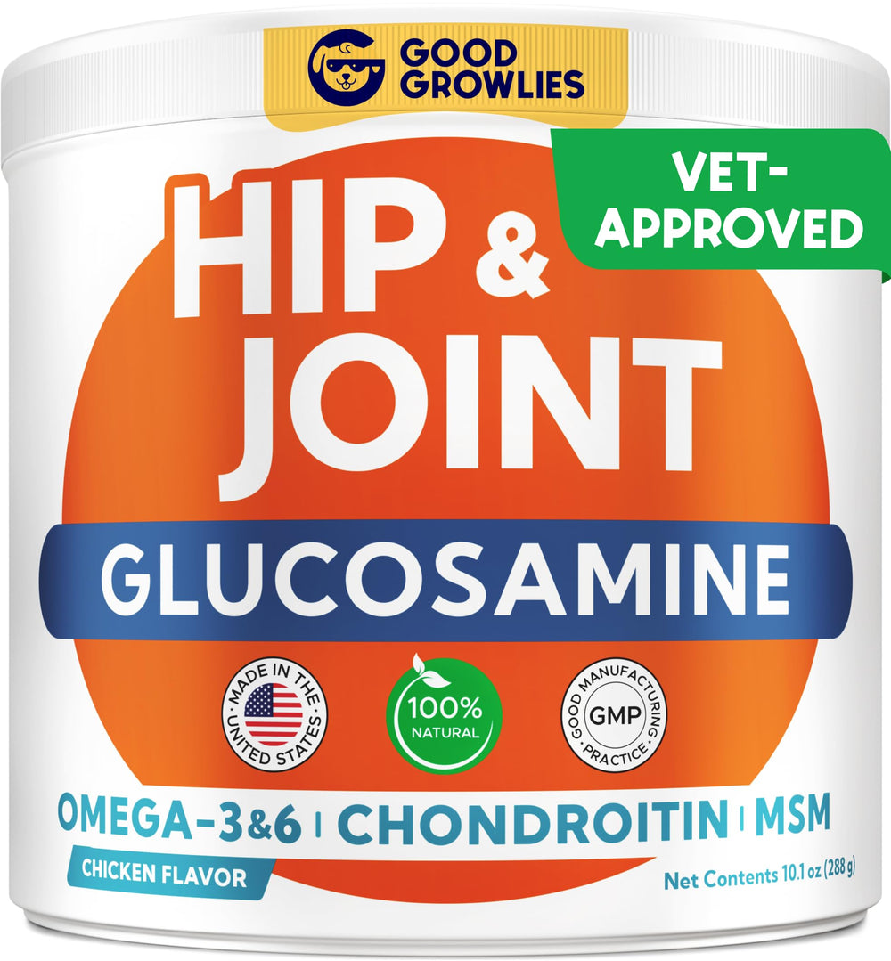 GOODGROWLIES glucosamine dog chews packaging showcases a senior-friendly joint supplement
