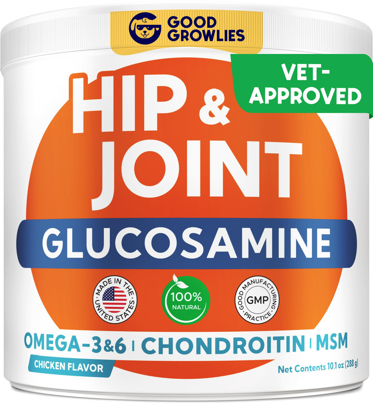 GOODGROWLIES glucosamine dog chews packaging showcases a senior-friendly joint supplement