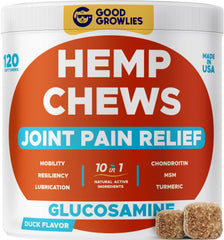 GOODGROWLIES hip-joint chews bottle close-up showcasing joint support benefits for dogs.