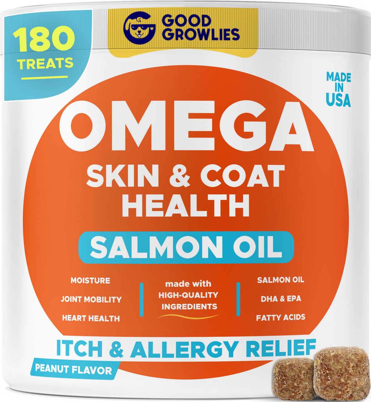 GOODGROWLIES Omega-3 dog bottle supports healthy skin and shiny coat.