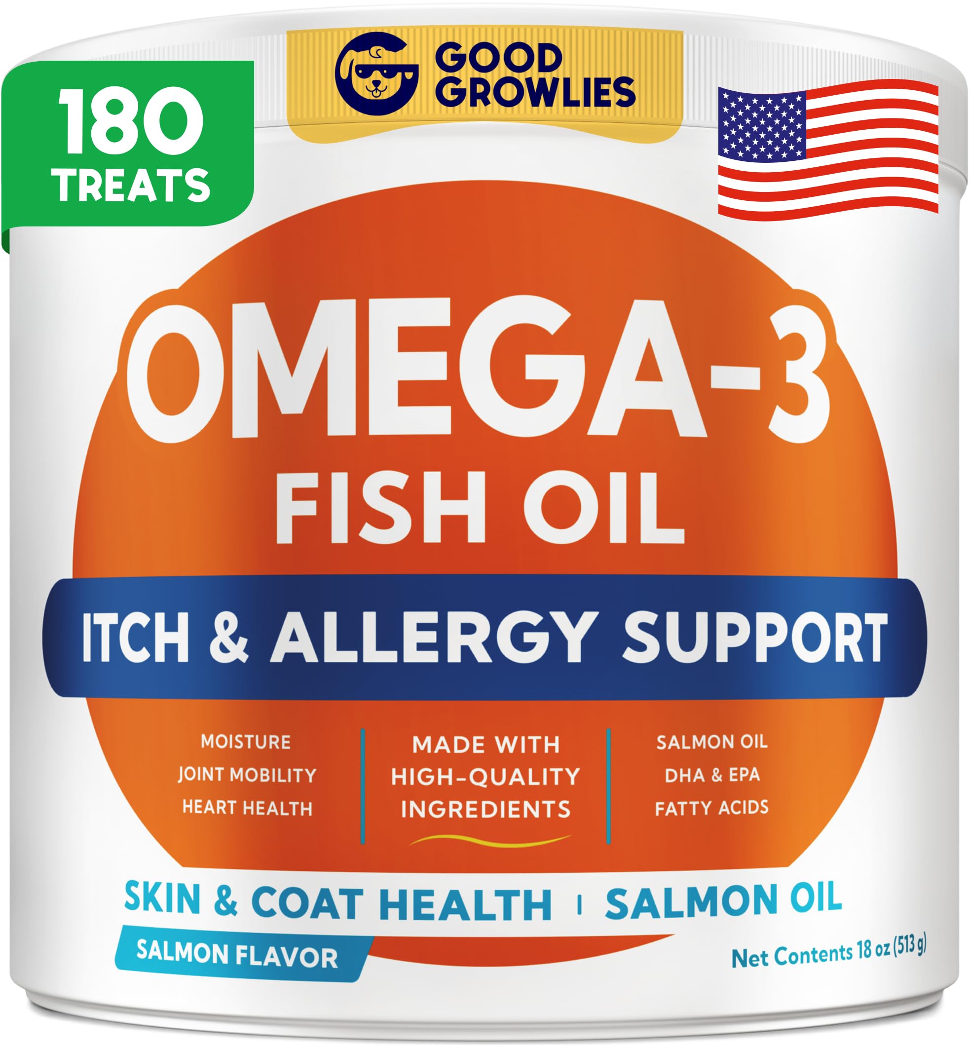 GOODGROWLIES Omega 3 dog chews bottle-front promotes healthy skin and shiny coat.