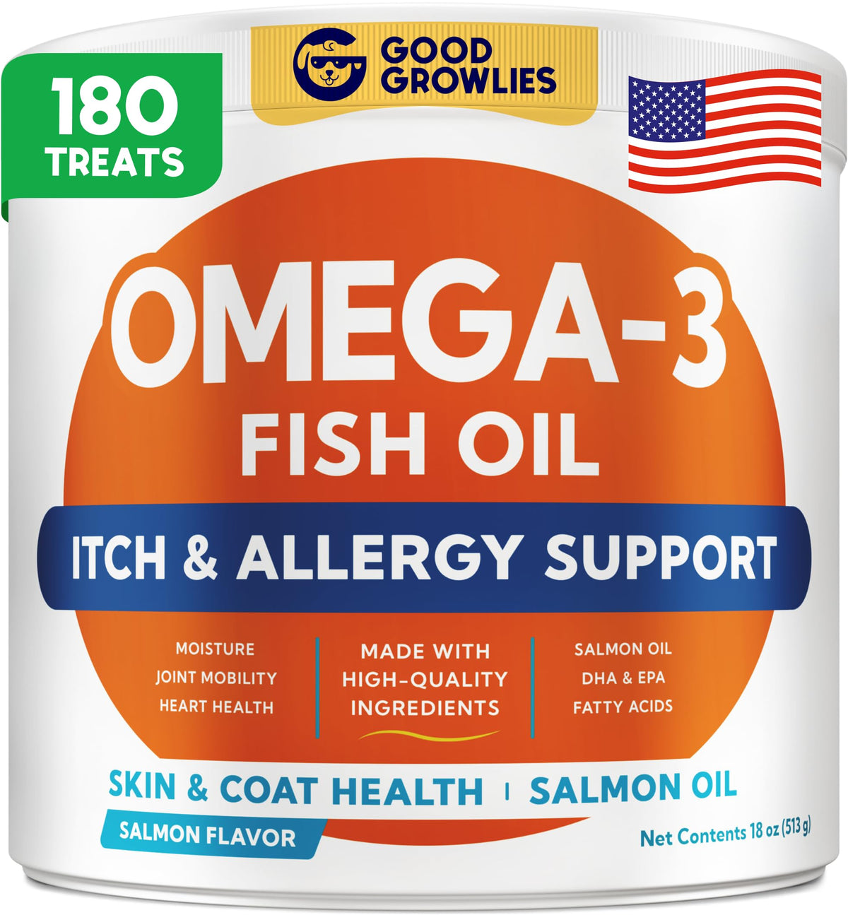 GOODGROWLIES Omega 3 dog chews bottle-front promotes healthy skin and shiny coat.