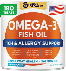 GOODGROWLIES Omega 3 dog chews bottle-front promotes healthy skin and shiny coat.