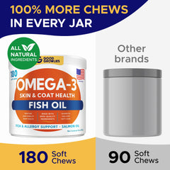 GOODGROWLIES Omega 3 dog chews jar-count highlights a 180-count supply for easy daily use.