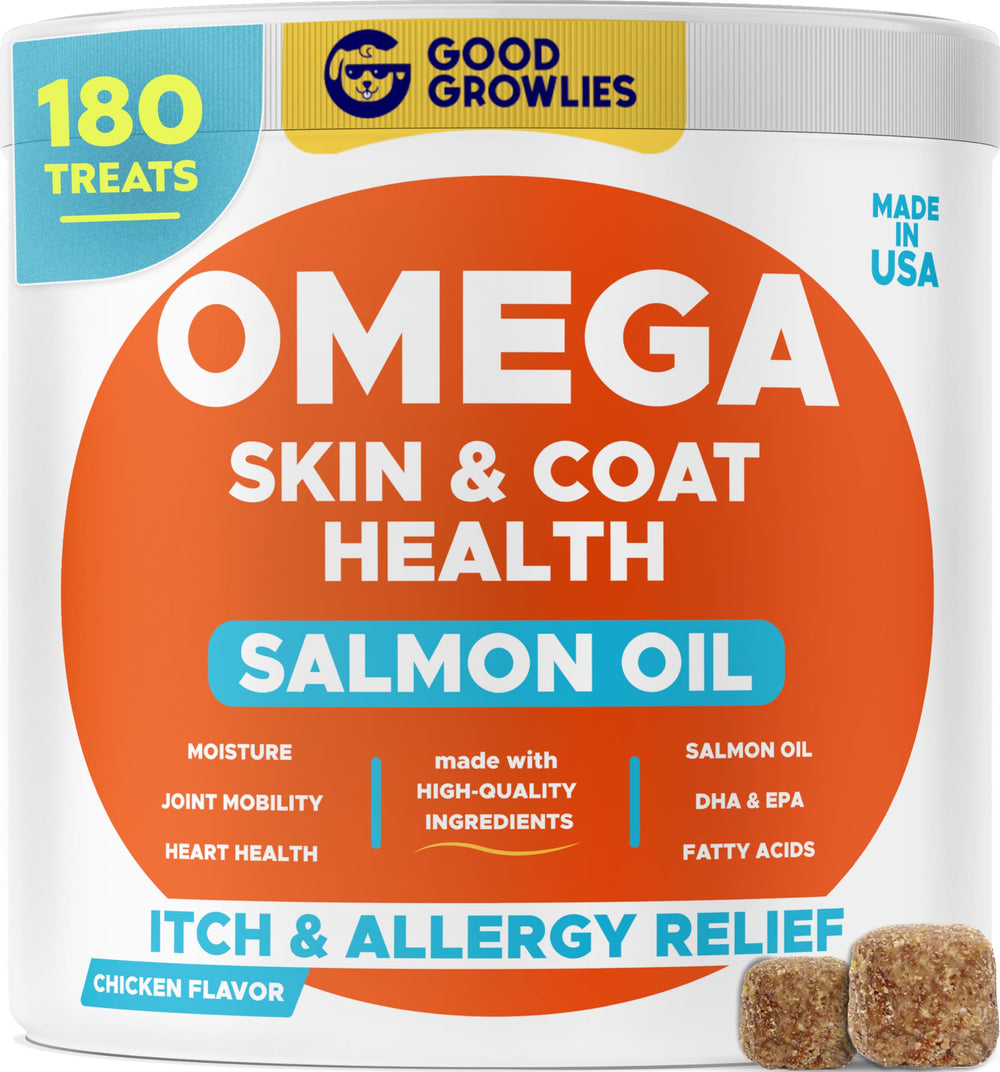 GOODGROWLIES Omega-3 dogs bottle highlights fish oil for healthier skin glow