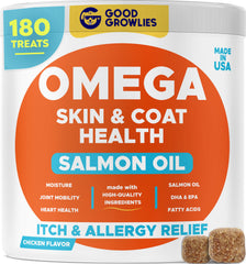 GOODGROWLIES Omega-3 dogs bottle highlights fish oil for healthier skin glow