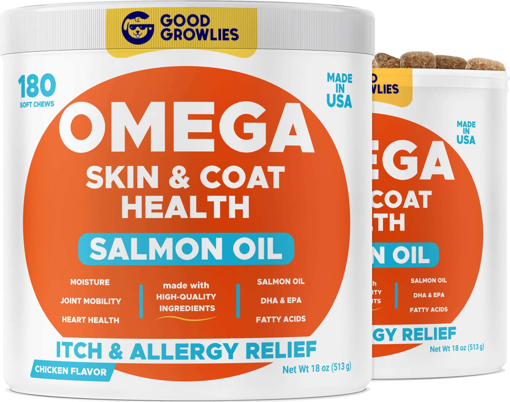 GOODGROWLIES Omega-3 dog bottle showing salmon oil for shiny coat and heart support.