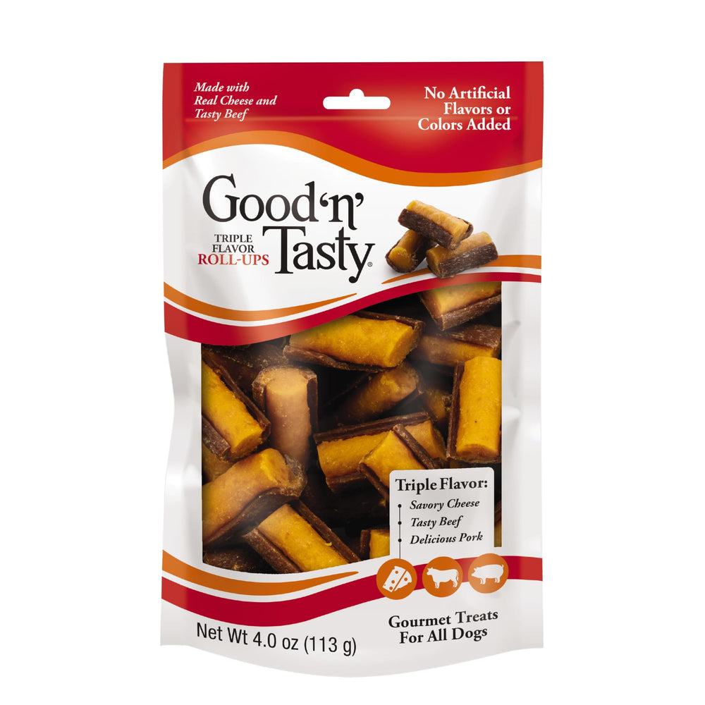 Good'n'Fun Triple Flavor Roll-Ups Cheese close-up highlights savory texture for tasty chews.