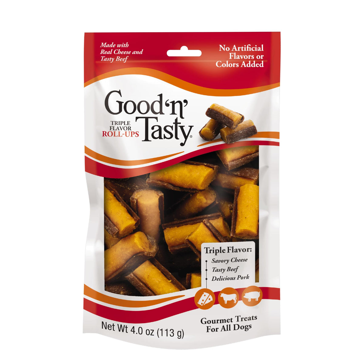 Good'n'Fun Triple Flavor Roll-Ups Cheese close-up highlights savory texture for tasty chews.