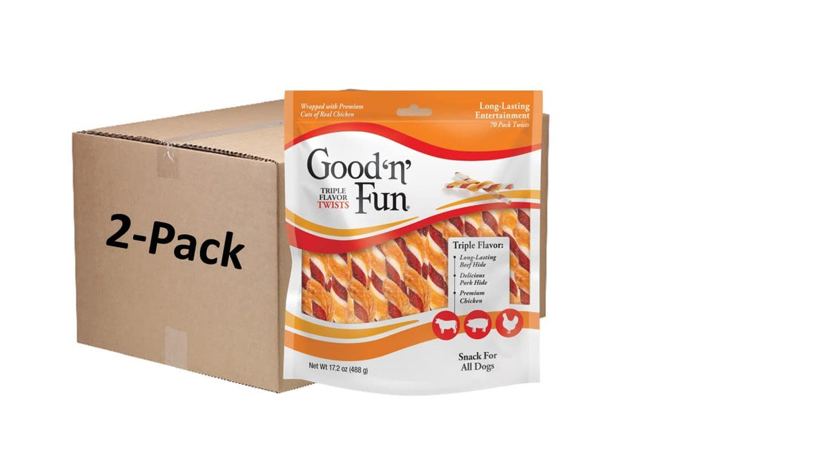 Good 'n' Fun Triple Flavor Twists dog chews with three flavors, promoting long-lasting chewing