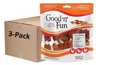 Good'n'Fun triple-flavored rawhide kabobs package on shelf for long-lasting canine entertainment.