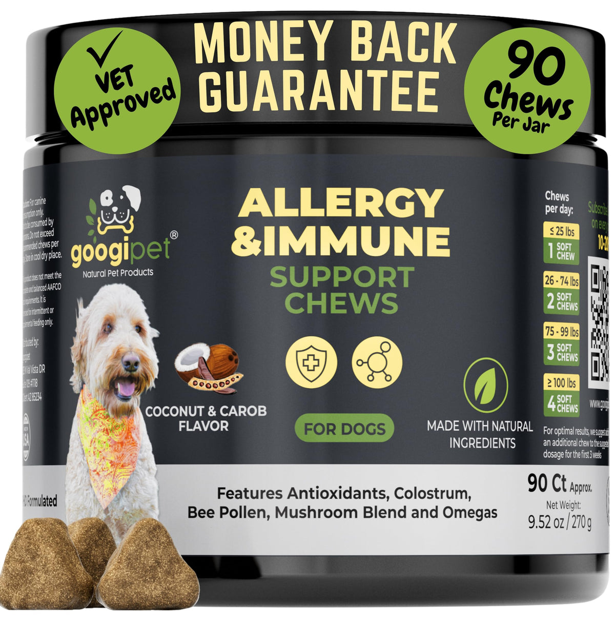 Googipet Allergy Chews bottle front, a tasty option for seasonal itch relief