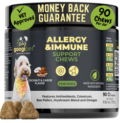 Googipet Allergy Chews bottle front, a tasty option for seasonal itch relief
